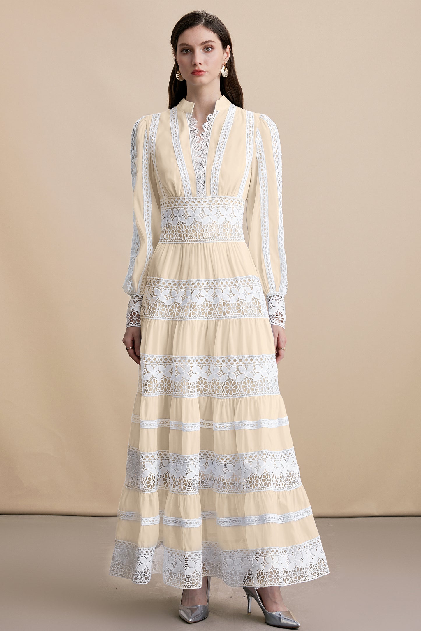 Women's V-Neck Smocked Lace Tiered Maxi Dress