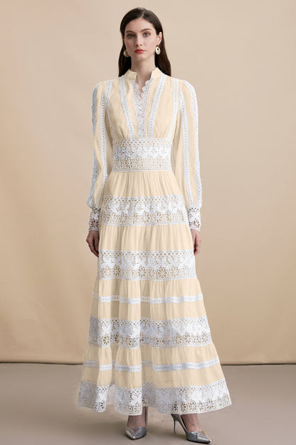 Women's V-Neck Smocked Lace Tiered Maxi Dress