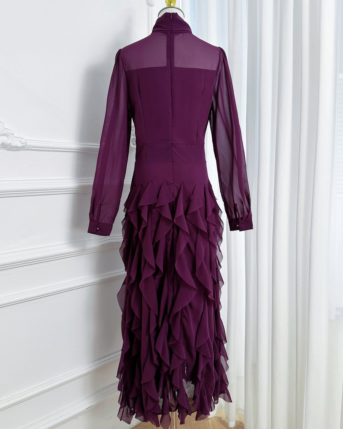Elegant Chiffon Maxi Dress with Scarf Neck & Rhinestone Fringe