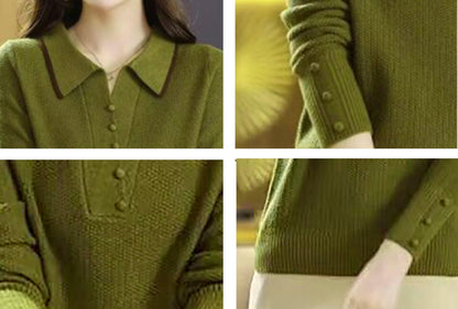 Fine-Knit Polo Top with Contrast Collar & Layered Look Sweater
