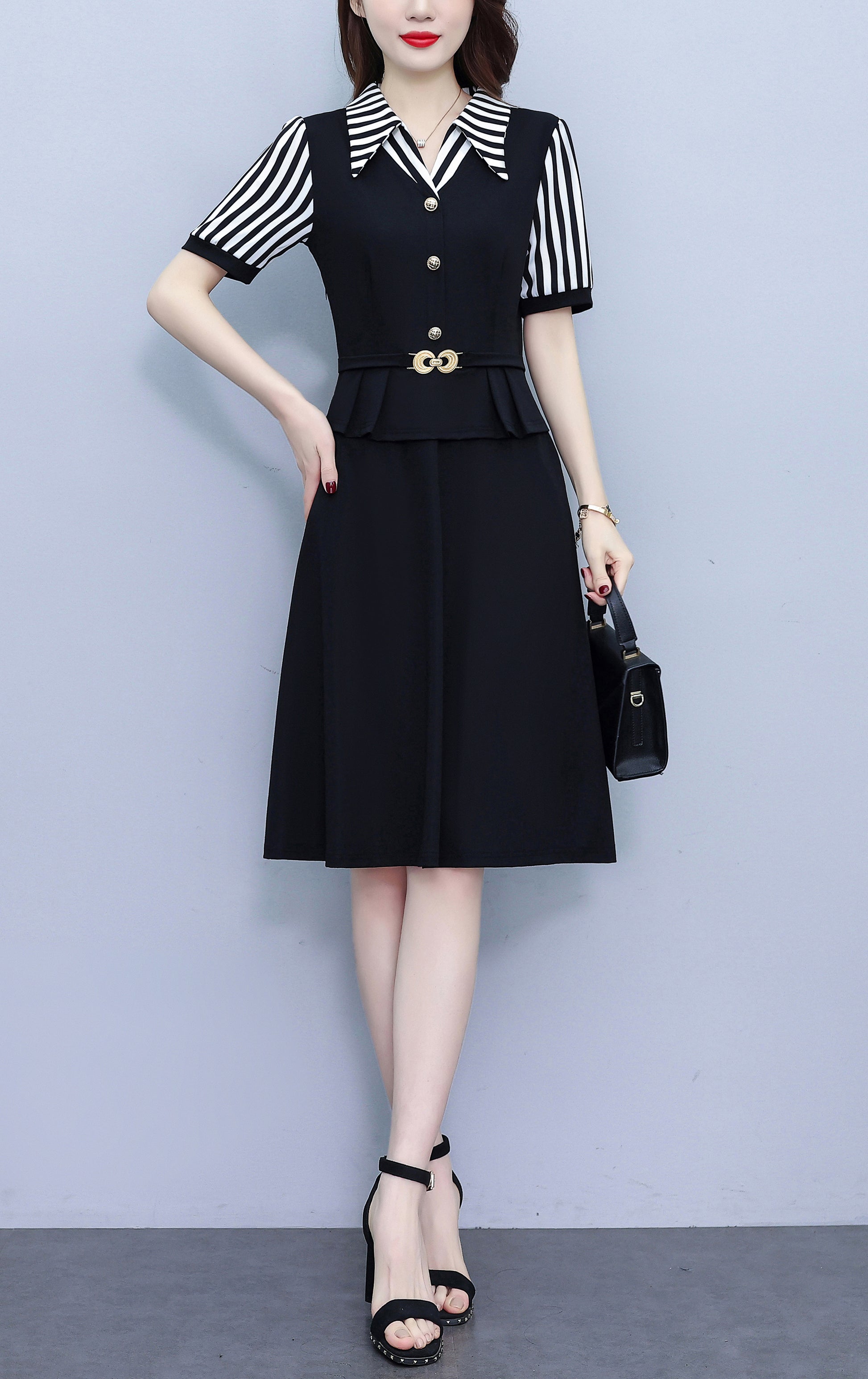 Women's Lapel V-Neck Pocket Short Sleeve Midi Dress - LAI MENG FIVE CATS
