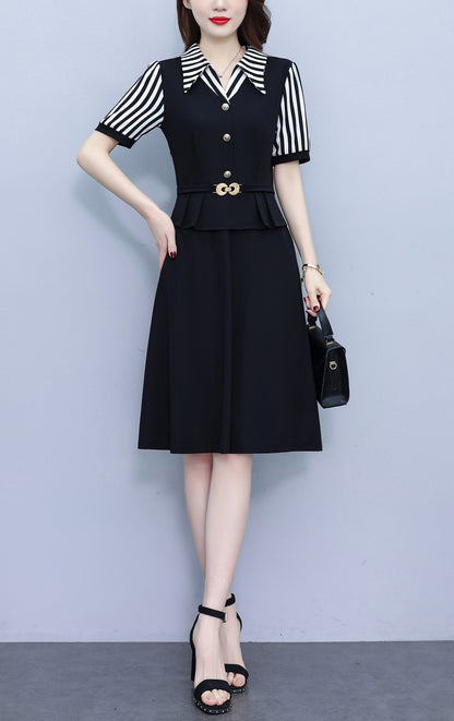 Women's Lapel V-Neck Pocket Short Sleeve Midi Dress - LAI MENG FIVE CATS