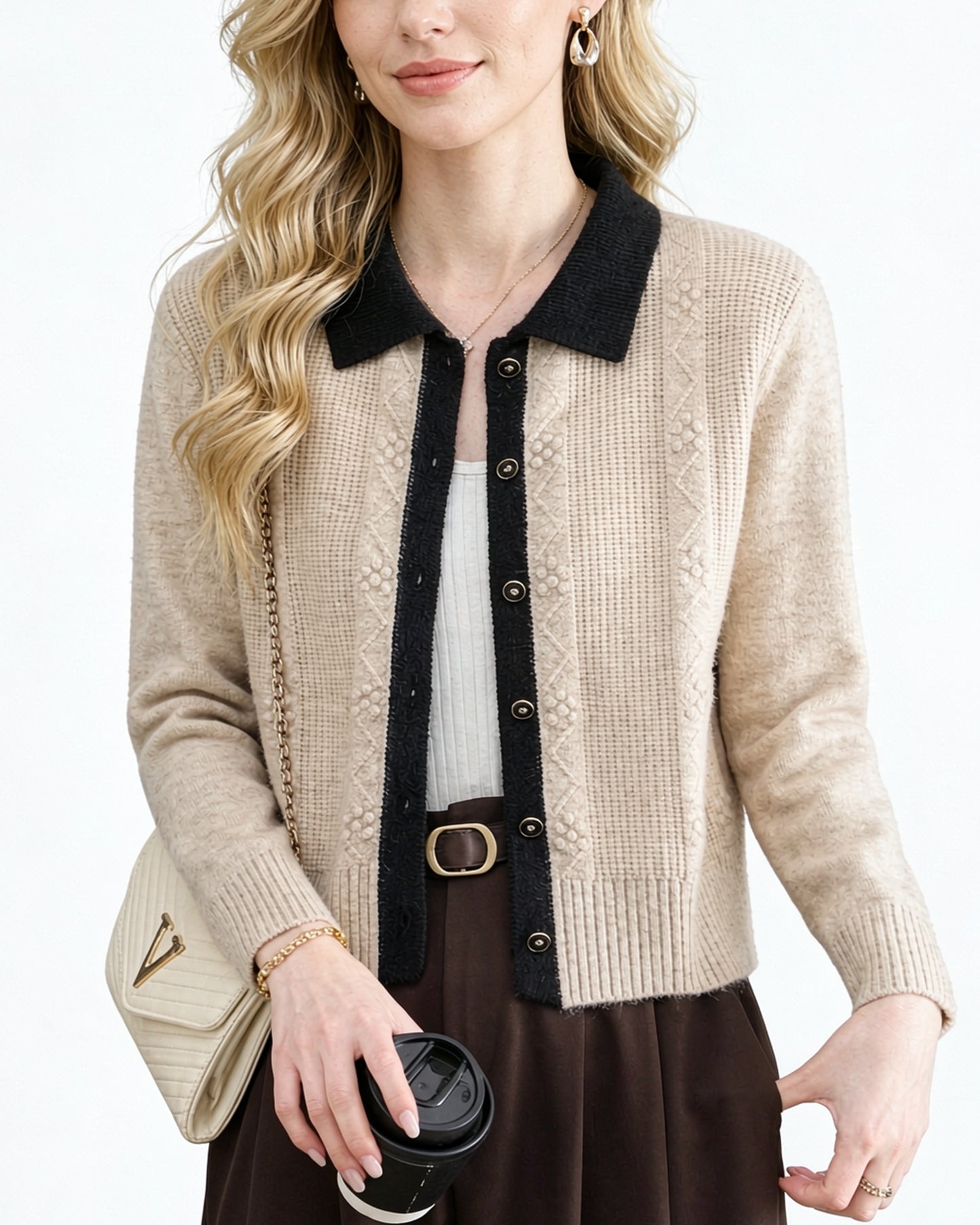 Vintage Contrast Collar Cable Knit Cardigan | Textured Button Crop Sweater