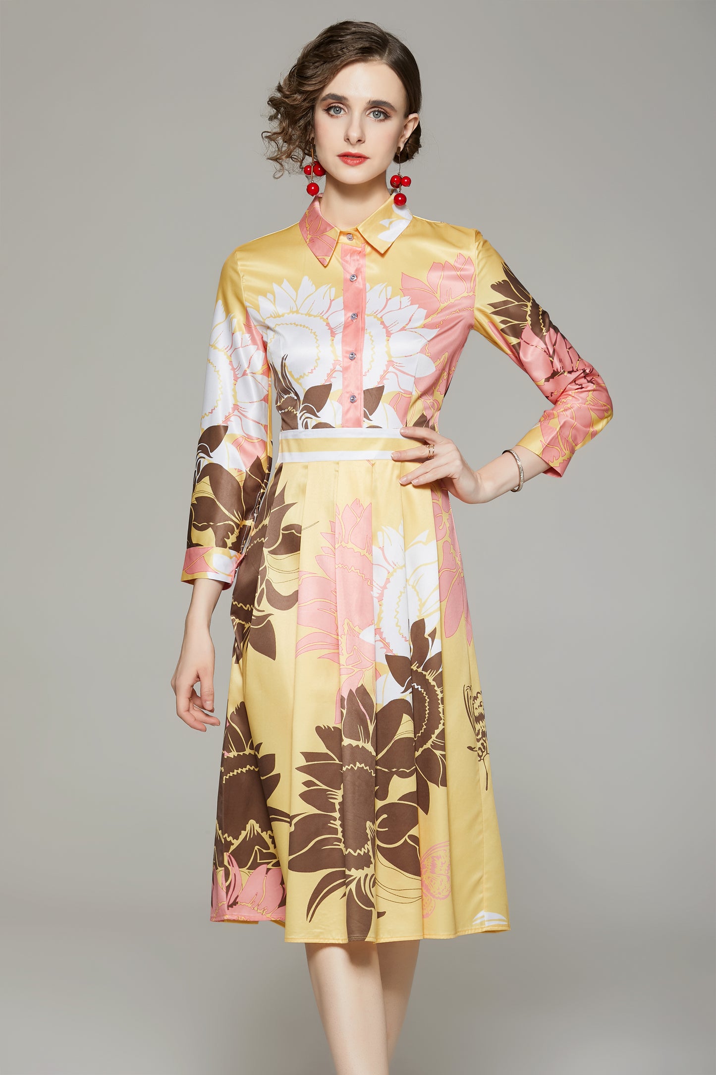 FSY-Women's Floral Print Button A-line Flowy Midi Dress