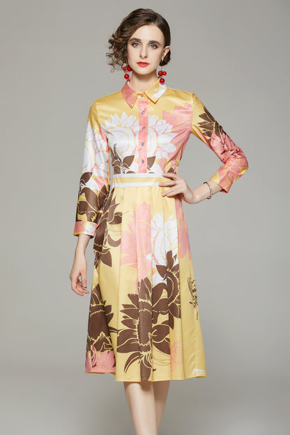 FSY-Women's Floral Print Button A-line Flowy Midi Dress