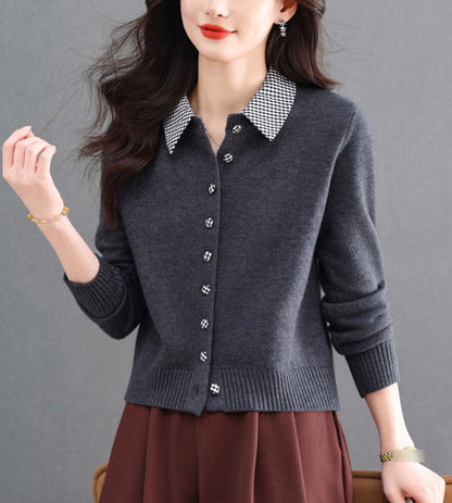 Contrast Gingham Collar Knit Cardigan – Vintage Button Sweater Top