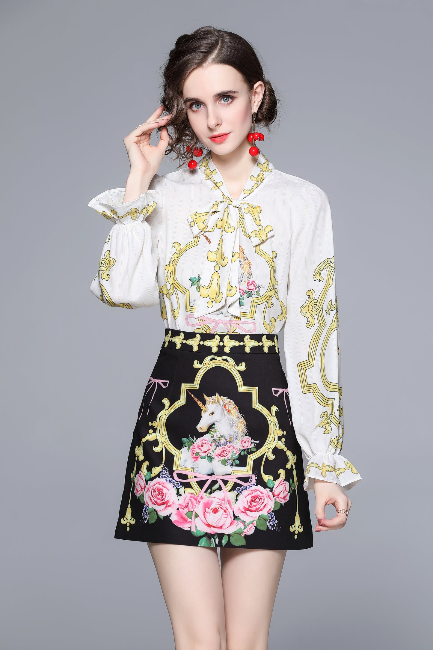 SSY-Women's 2 Piece Skirt Set Floral Tie V-neck Mini Dress