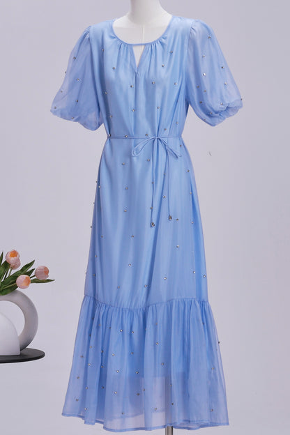 Women's Beaded Ruffled Puff Sleeve Maxi Dress