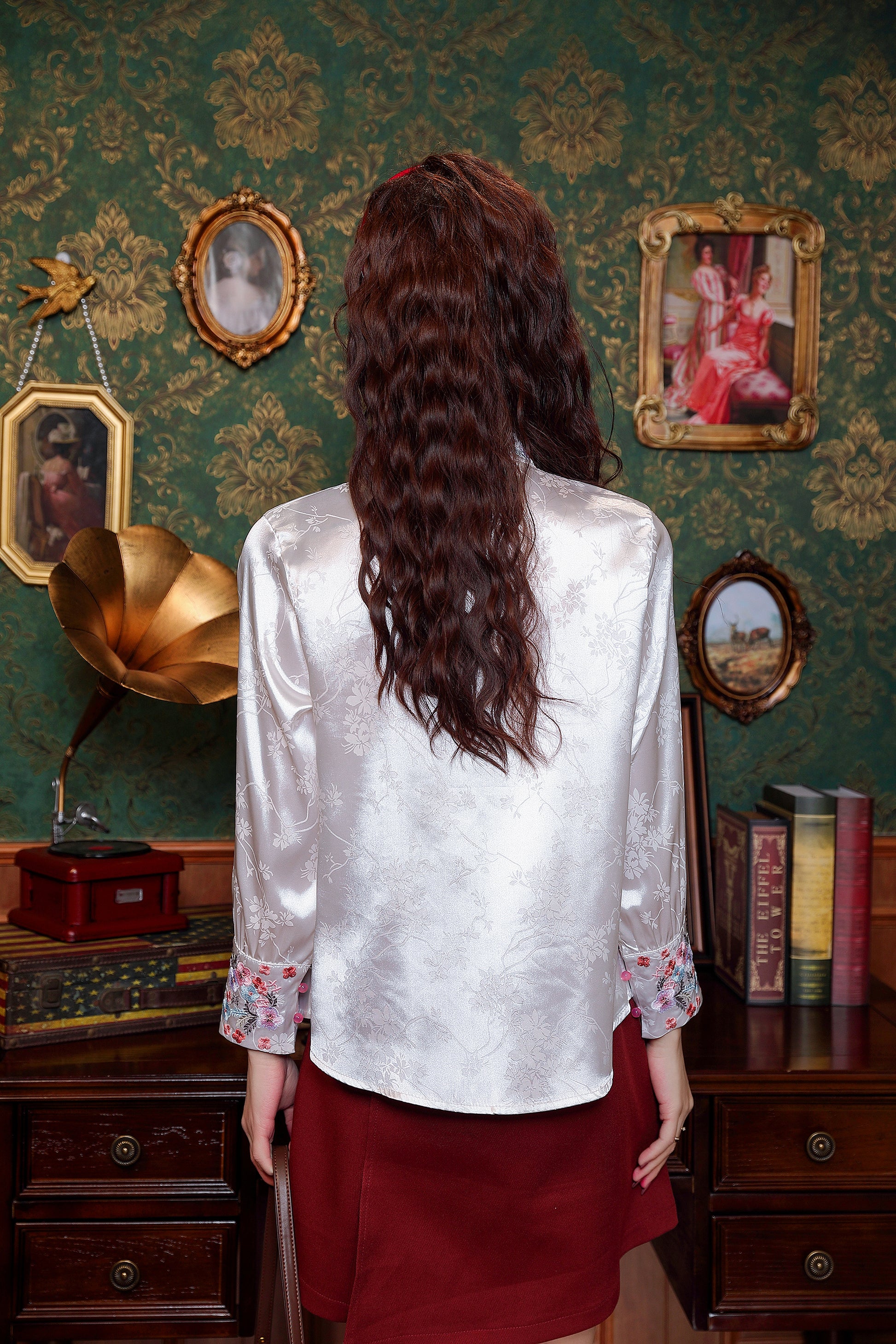 Women's Chinese Style Silk Satin Jacquard  Shirt - LAI MENG FIVE CATS
