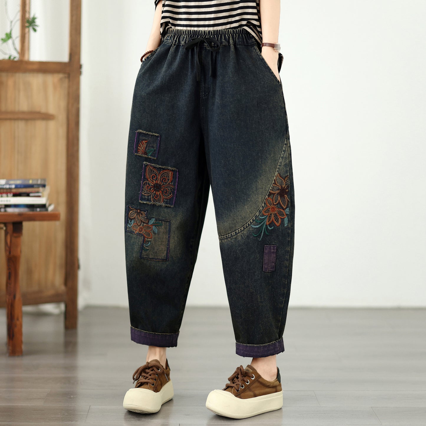 Vintage Embroidered Baggy Jeans Denim Harem Pants