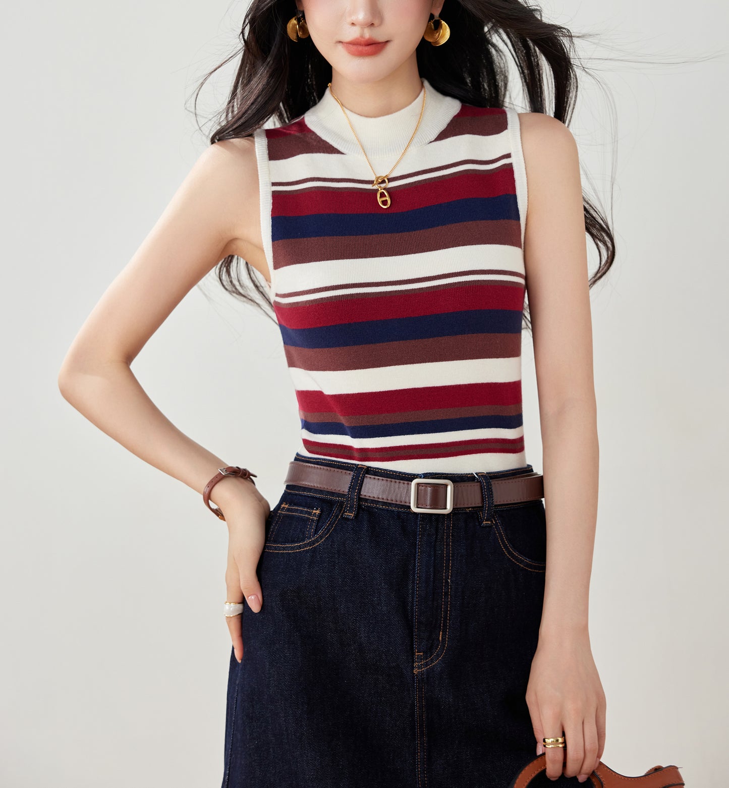 Women's Stripe Sleeveless Ribbed Knit Tops
