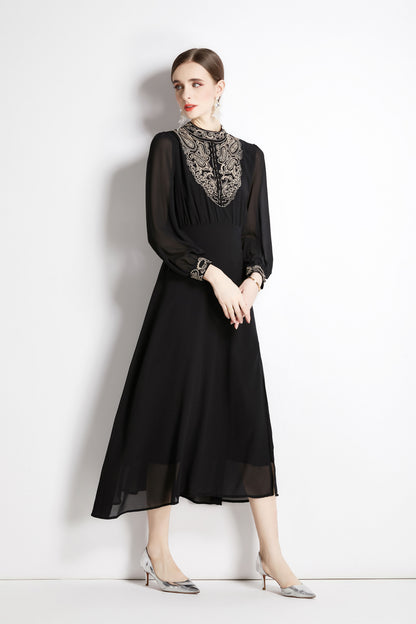 Black Vintage Elegant Mesh Embroidered Midi Dress