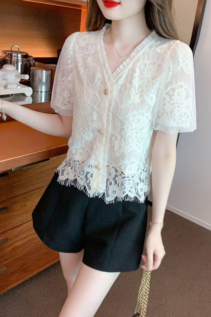 Allover Print Embroidered Lace Blouse