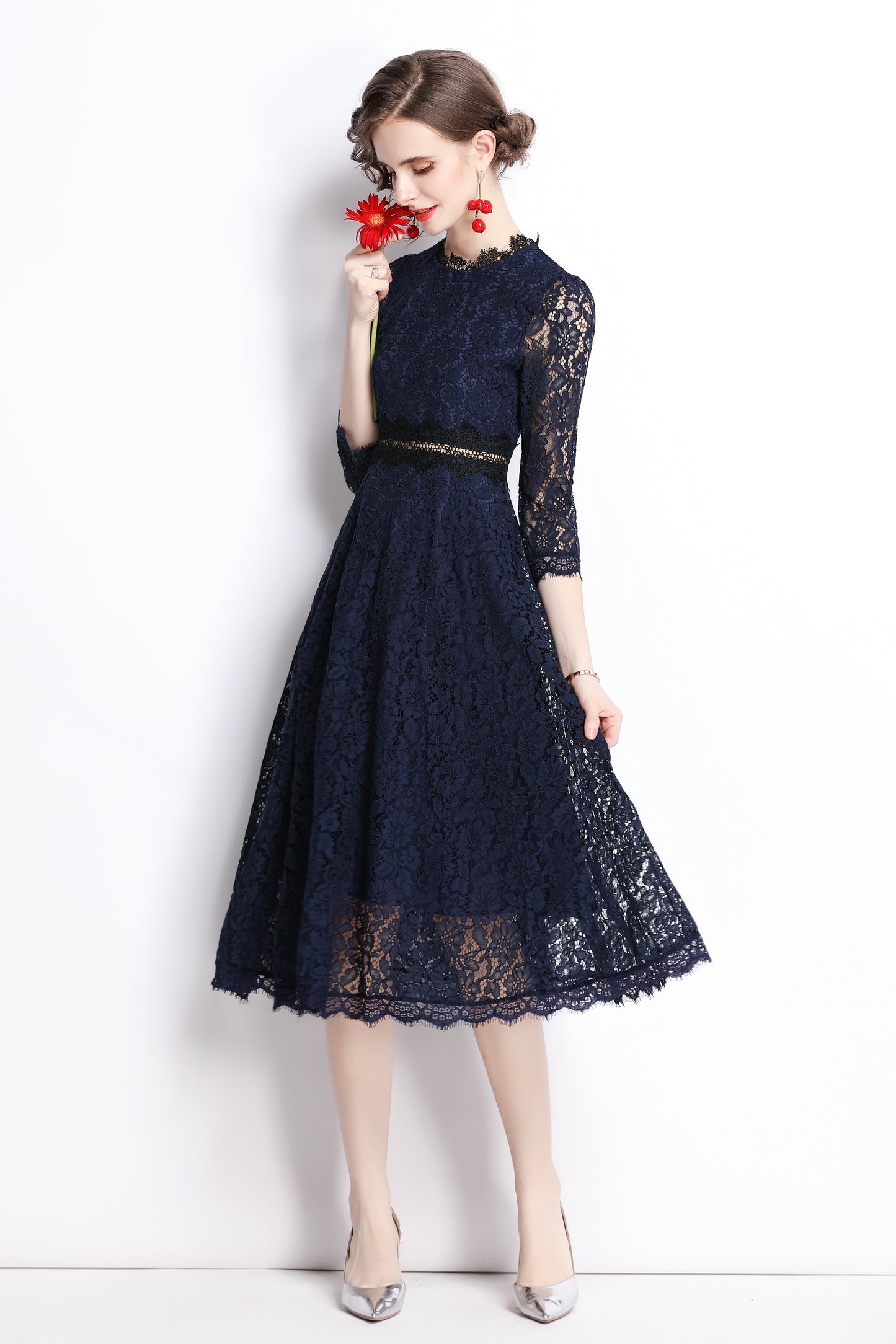 SSY-Women's 3/4 Sleeve Floral Lace Cocktail Midi Dress