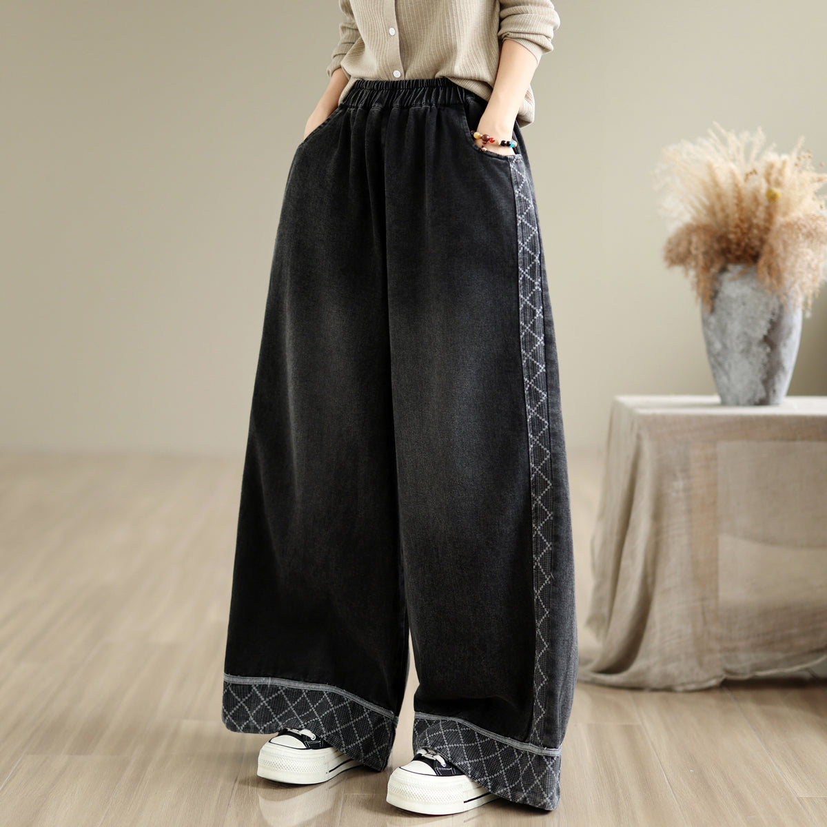 28666-Vintage Denim Wide Leg Palazzo Pants with Elastic Waist & Pockets