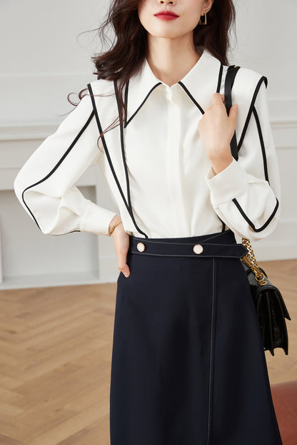 Women's Contrast Collar V Neck Lantern Sleeve Blouse