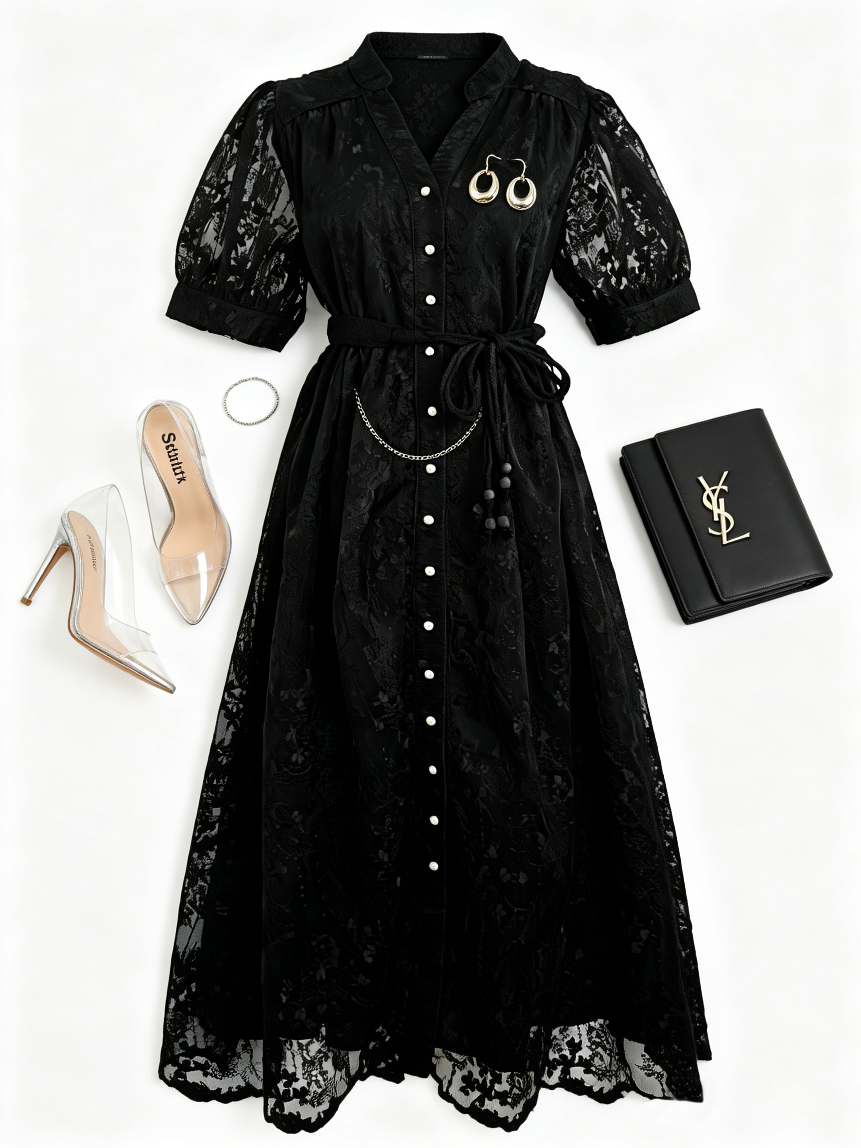 Black Embroidered Mesh Button Front Midi Dress - LAI MENG FIVE CATS