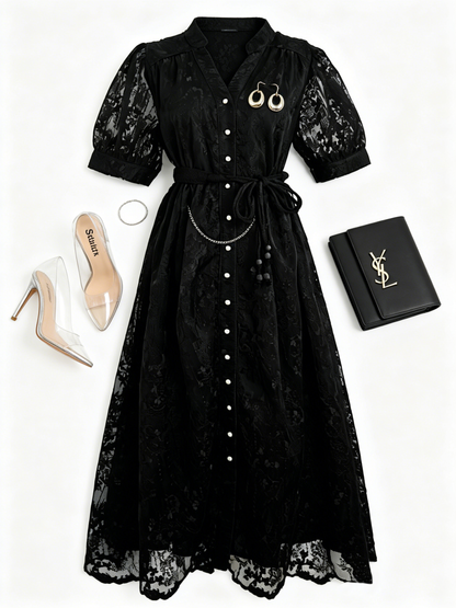 Black Embroidered Mesh Button Front Midi Dress - LAI MENG FIVE CATS