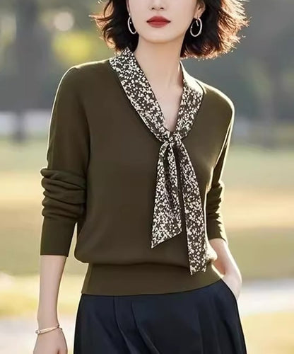 Women's Tie V-Neck Sweater Solid Color Pullover Tops