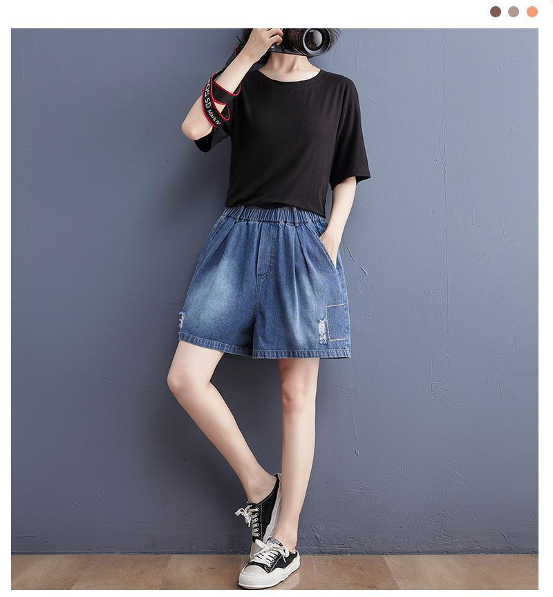 Women's Baggy Pull On Jeans Ripped Denim Shorts - LAI MENG FIVE CATS