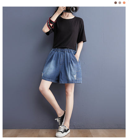 Women's Baggy Pull On Jeans Ripped Denim Shorts - LAI MENG FIVE CATS