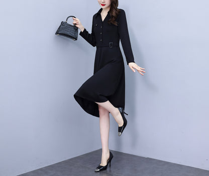 Women's V-Neck with Pockets Long Sleeve Black Dress
