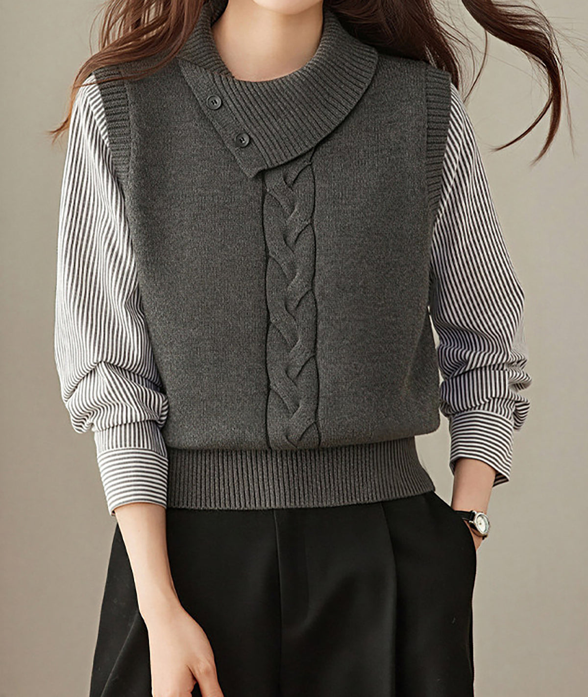 28726 Layered-Look Knit Sweater in Gray & Navy