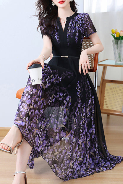 Maryam Purple Floral Print Dress with Belt