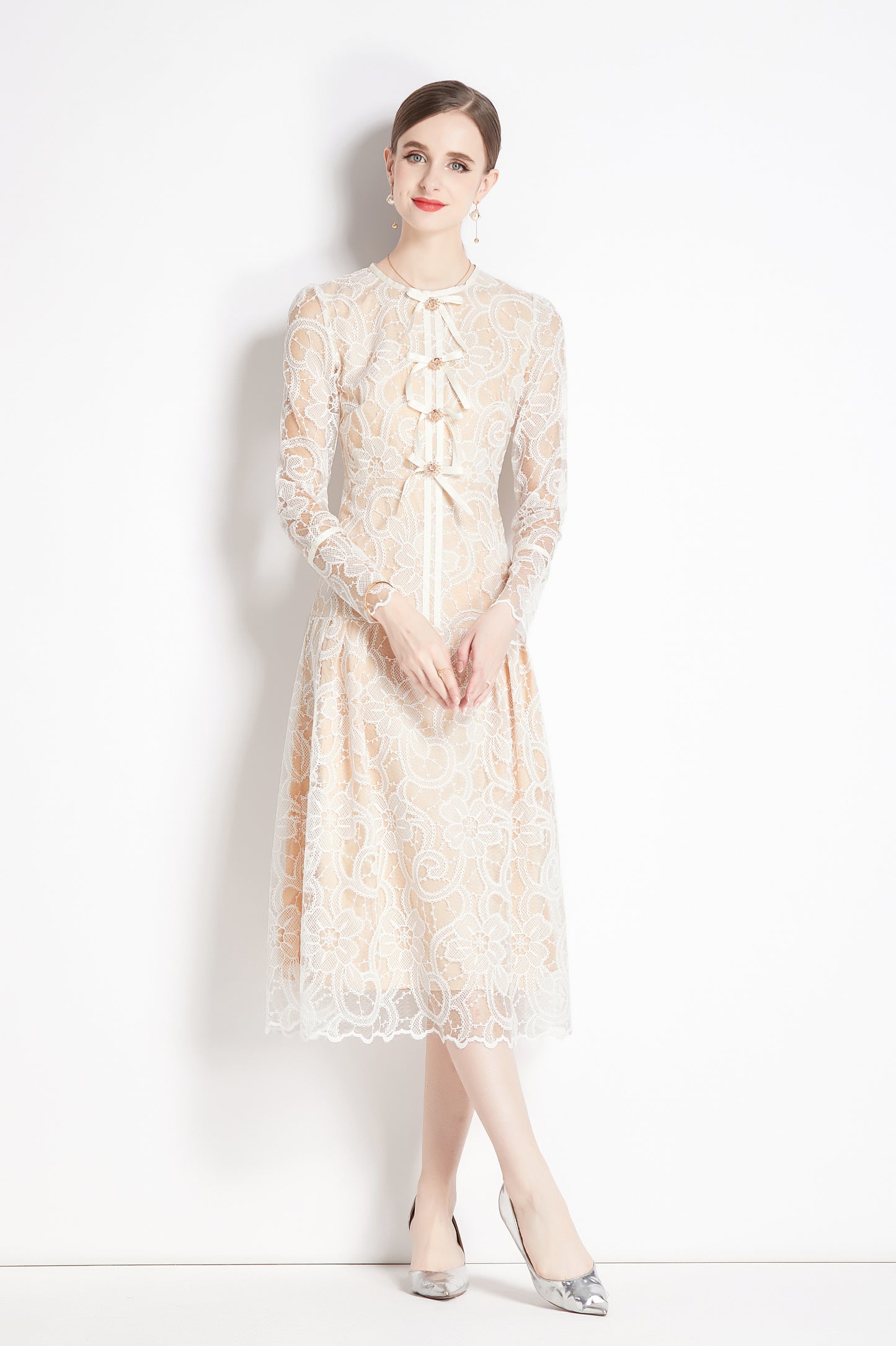 Women's Lace Floral Long Sleeve Midi Dress