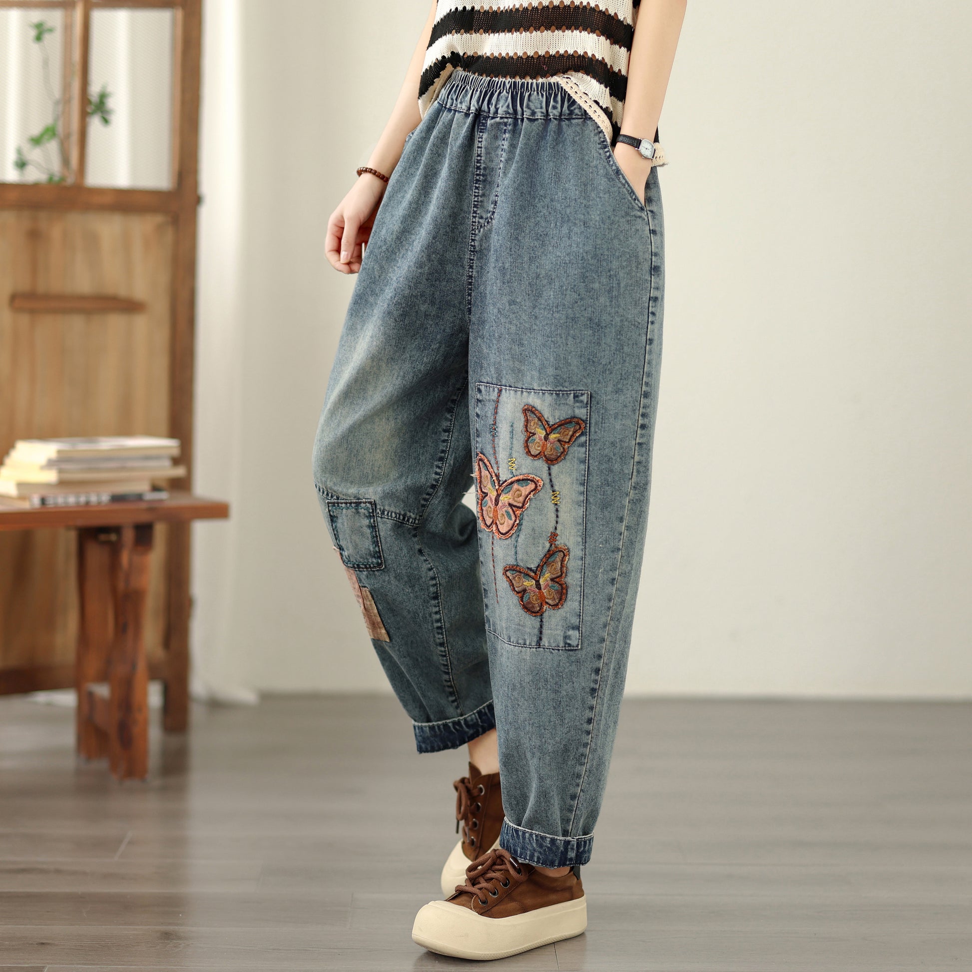 Women's Casual Denim Harem Jeans Elastic Waist Loose Pants - LAI MENG FIVE CATS