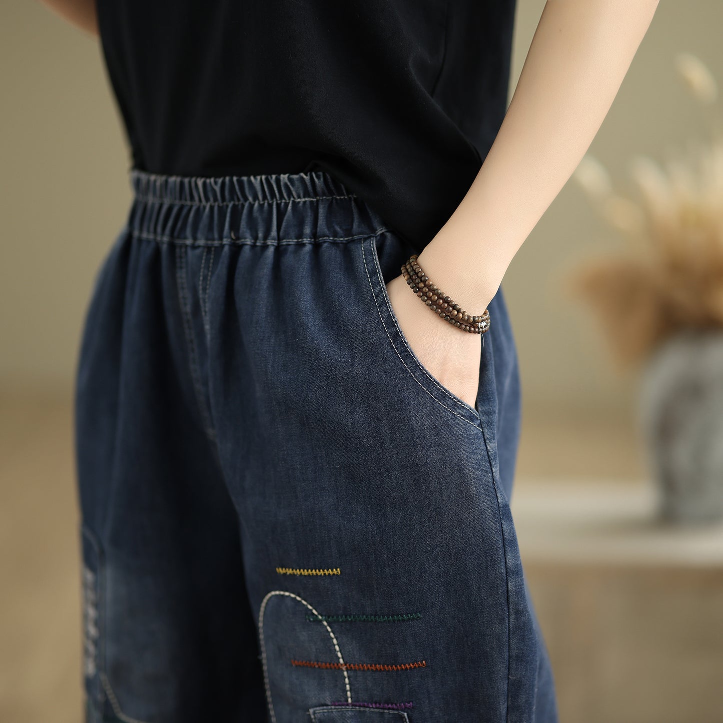 Women Denim Jeans Elastic Waist Harem Short Pants