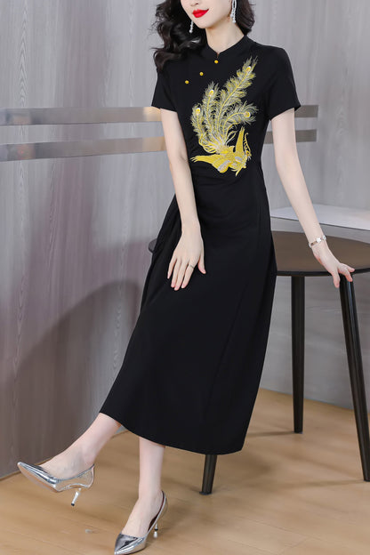 Women's Black Embroidered Floral Midi Dress