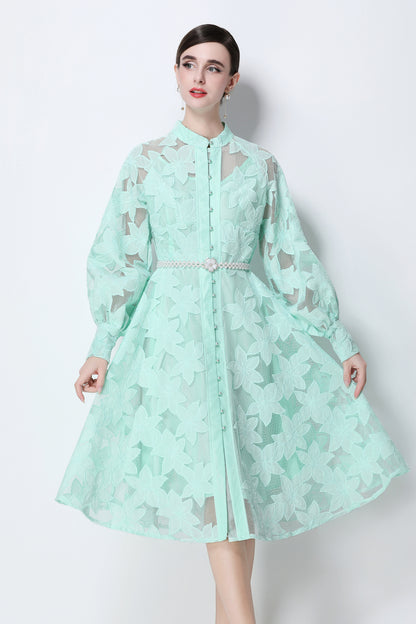 Women's Long Sleeve Eyelet Embroidery Button Midi Dress