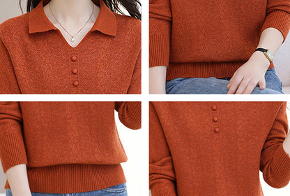 Women's Pink Polo Knit Top — V-Neck & Long Sleeve Ribbet Knitted