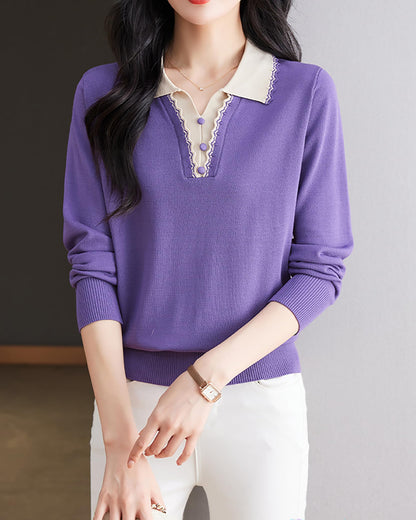 Women's Vintage Knit Top – Contrast Collar & Scalloped V-Neck