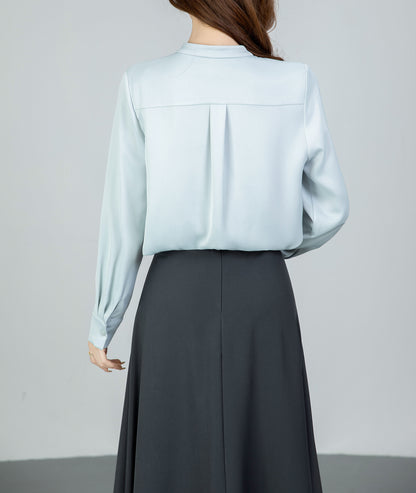 Light Blue Satin Tie-Neck Long Sleeve Blouse