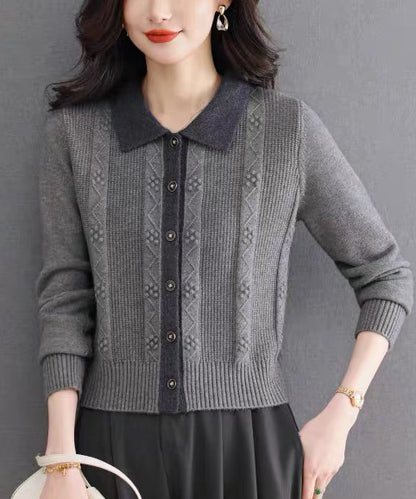 Vintage Contrast Collar Cable Knit Cardigan | Textured Button Crop Sweater