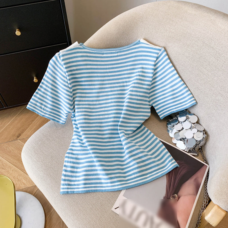 Coastal Stripe Knit Top with Scarf Tie Detail – Lightweight Summer Essential
