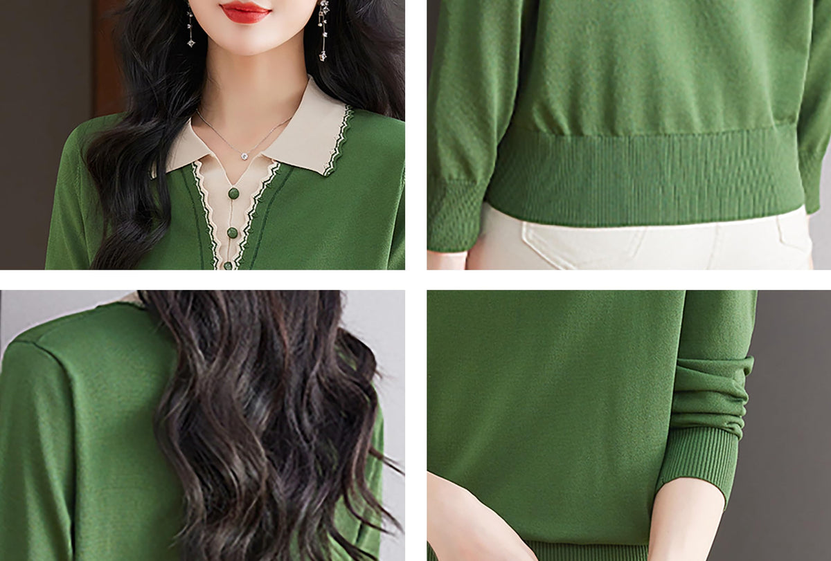 Women's Vintage Knit Top – Contrast Collar & Scalloped V-Neck