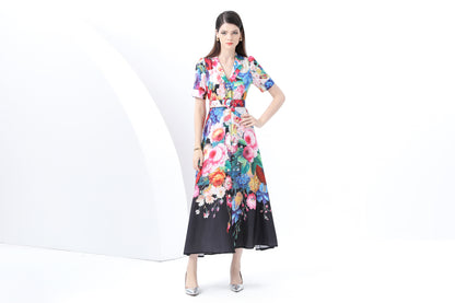 Women's V-Neck Button Floral Print Maxi Dress