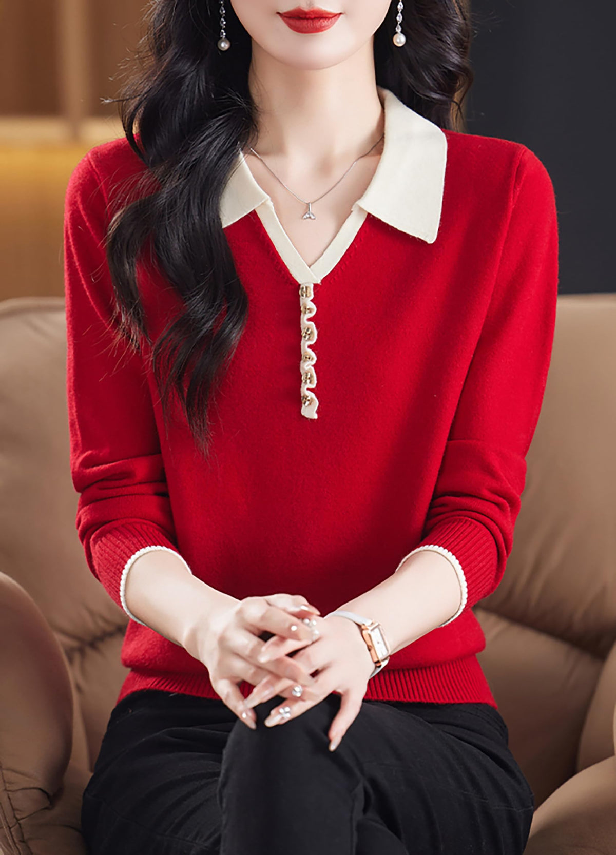 Women's Contrast-Collar Knit Top — Faux Button Placket