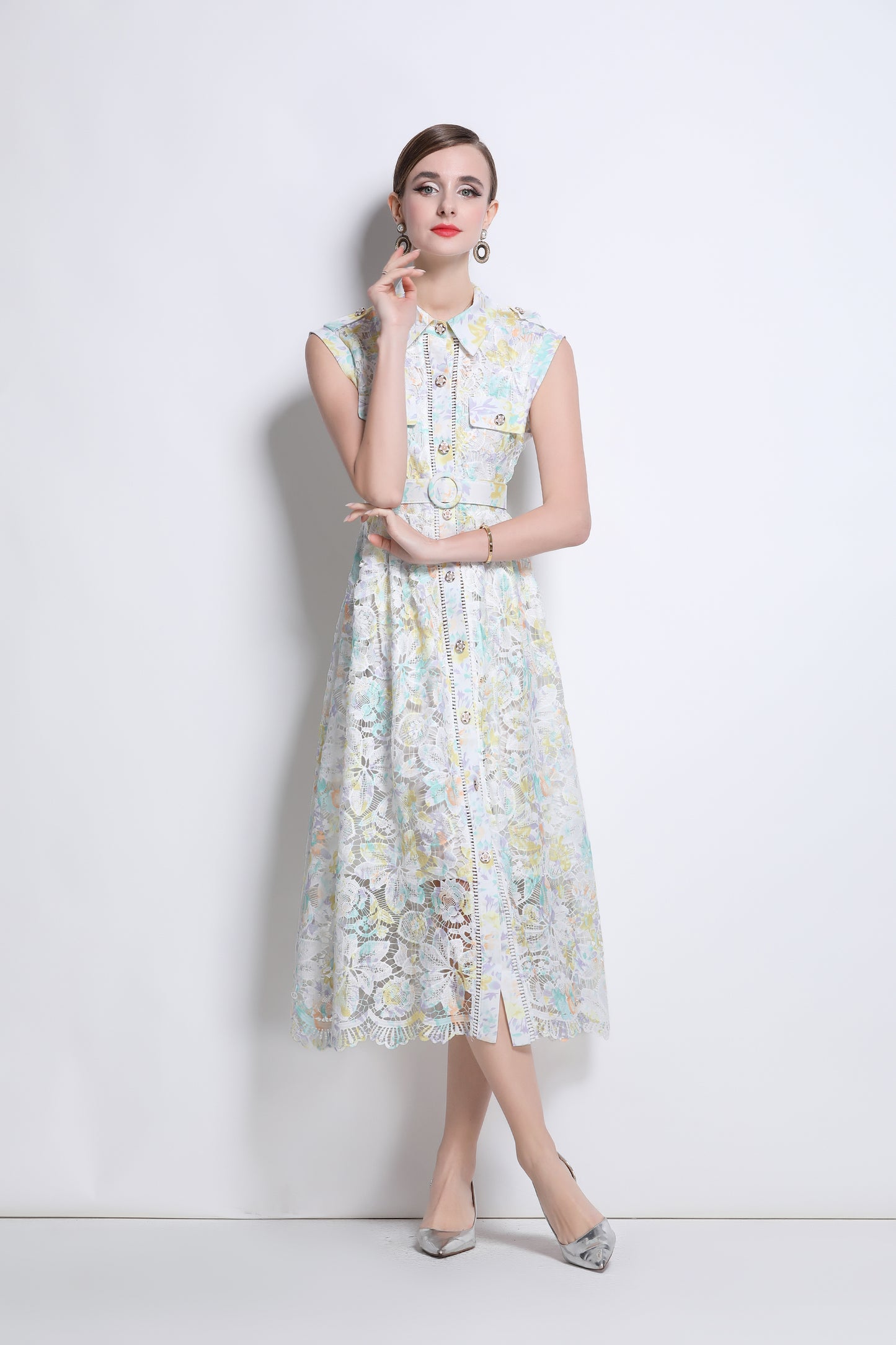 Women's Hollow Lace Print Sleeveless Midi Dress