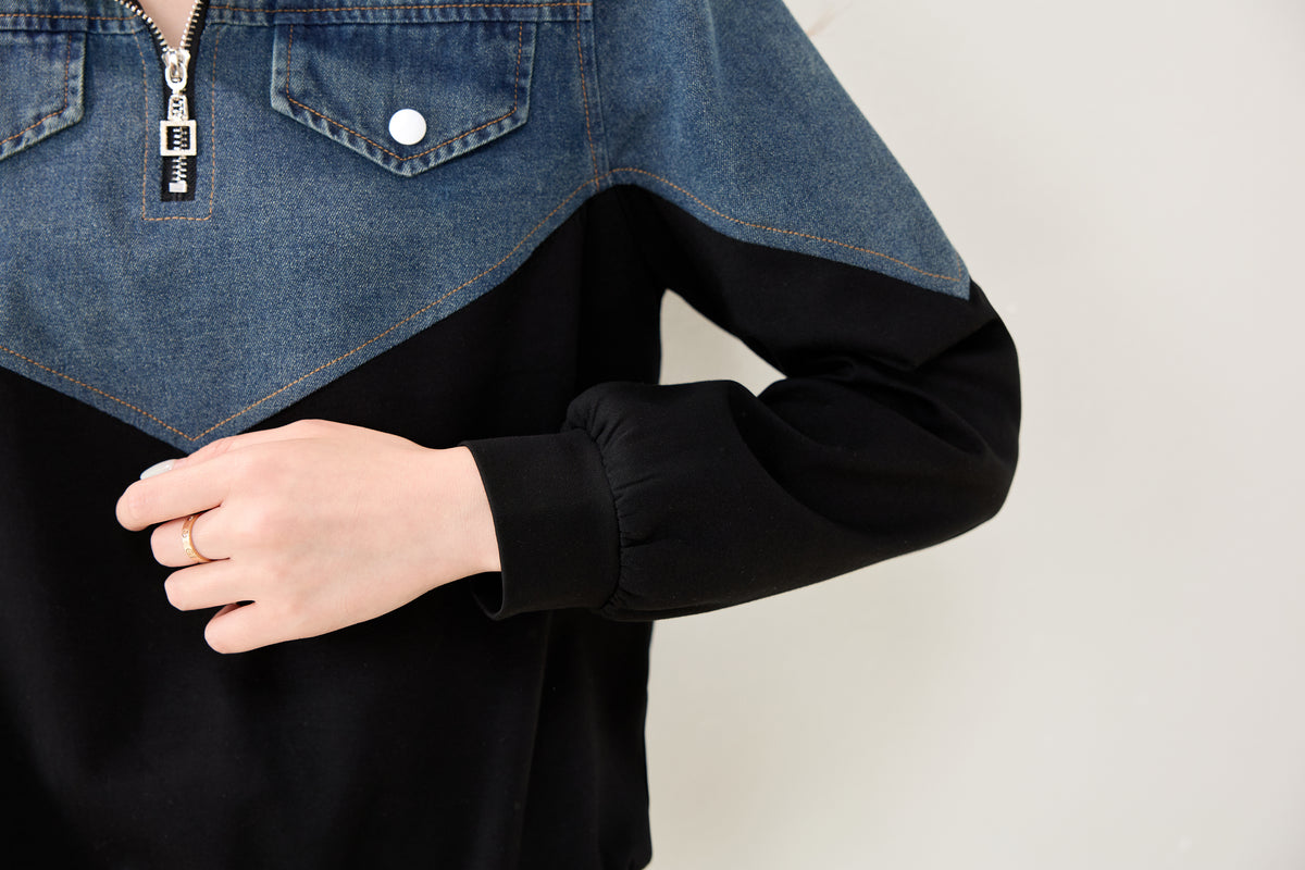 Denim Contrast Half-Zip Sweatshirt | Early Fall Casual