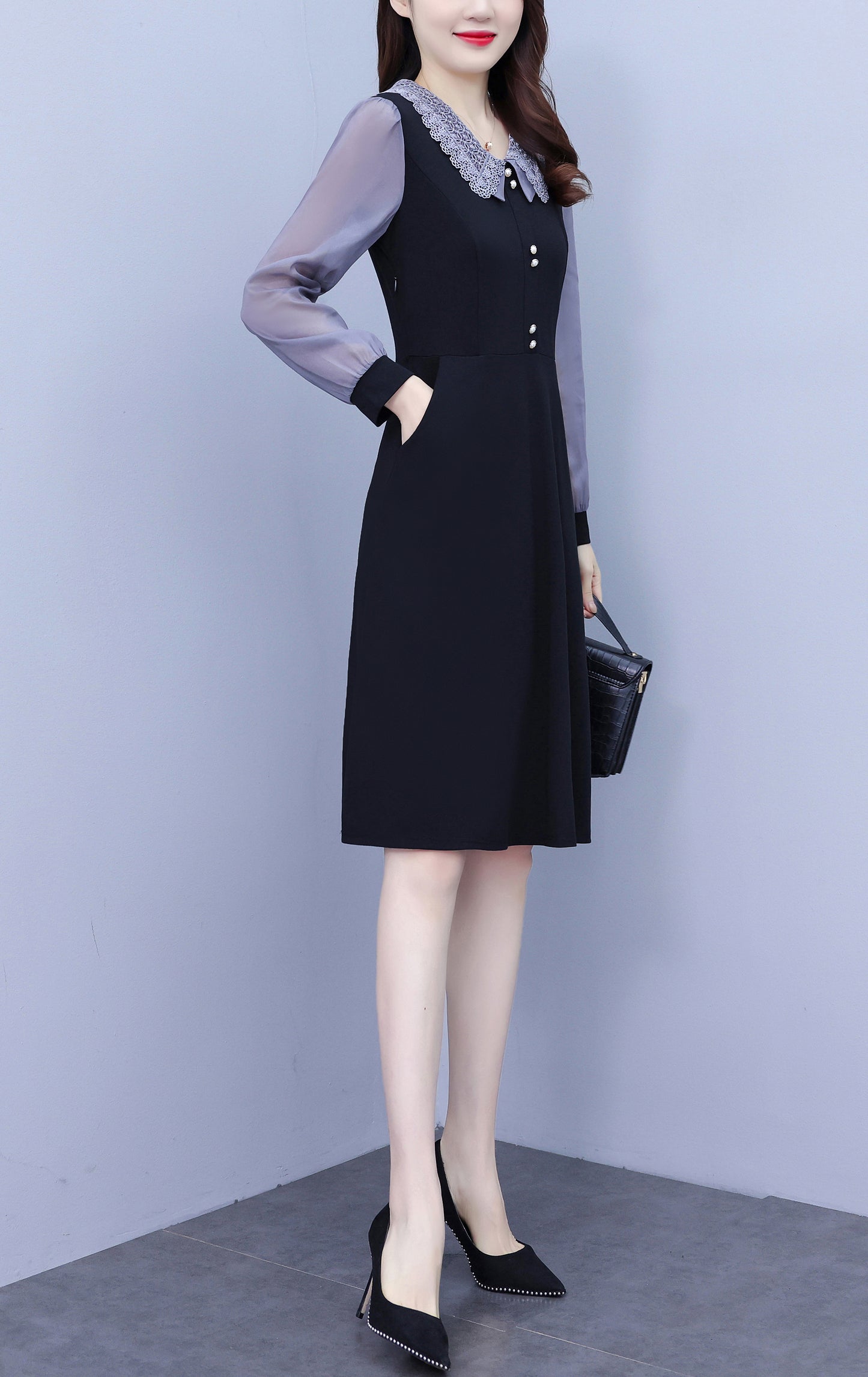 Women's Peter Pan Collar Long Sleeve Pocket Midi Dress
