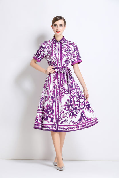 Women's Short Sleeve Button Floral Print  Midi Dress