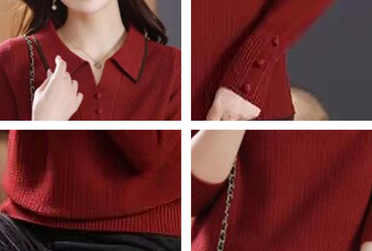 Fine-Knit Polo Top with Contrast Collar & Layered Look Sweater