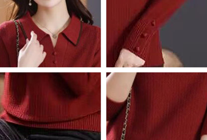 Fine-Knit Polo Top with Contrast Collar & Layered Look Sweater