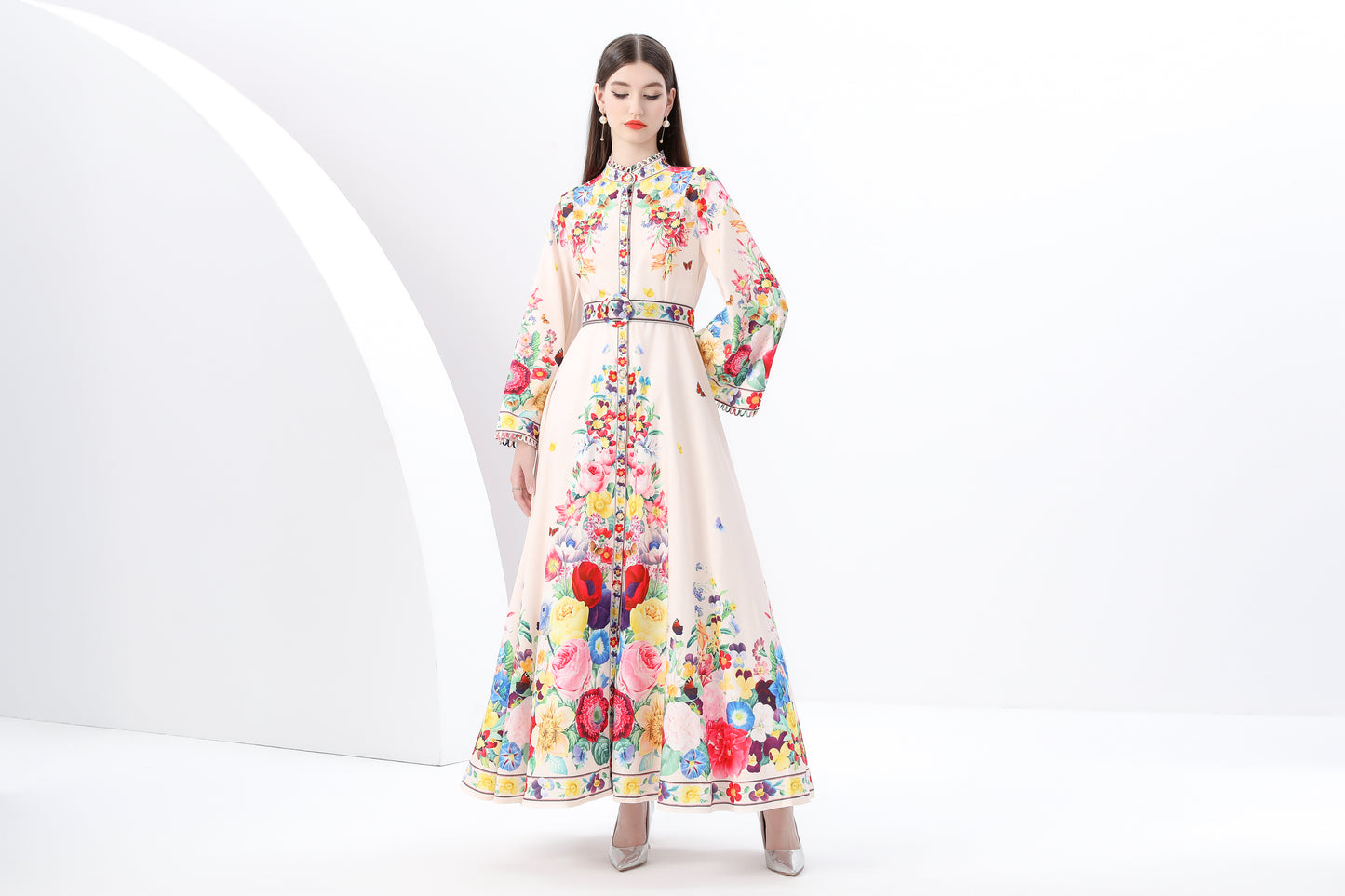 Women's Printed Button Flared Long Sleeves Maxi Dress