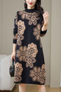 Women's Turtleneck Print Pullover Sweater Midi Dress