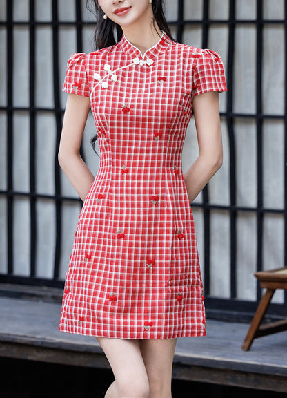 Red Cherry Gingham Cheongsam with Puff Sleeves Qipao Mini Dress